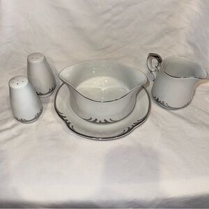 Style House Fine China Embassy Gravy Boat, Creamer, and S&P with Platinum Trim